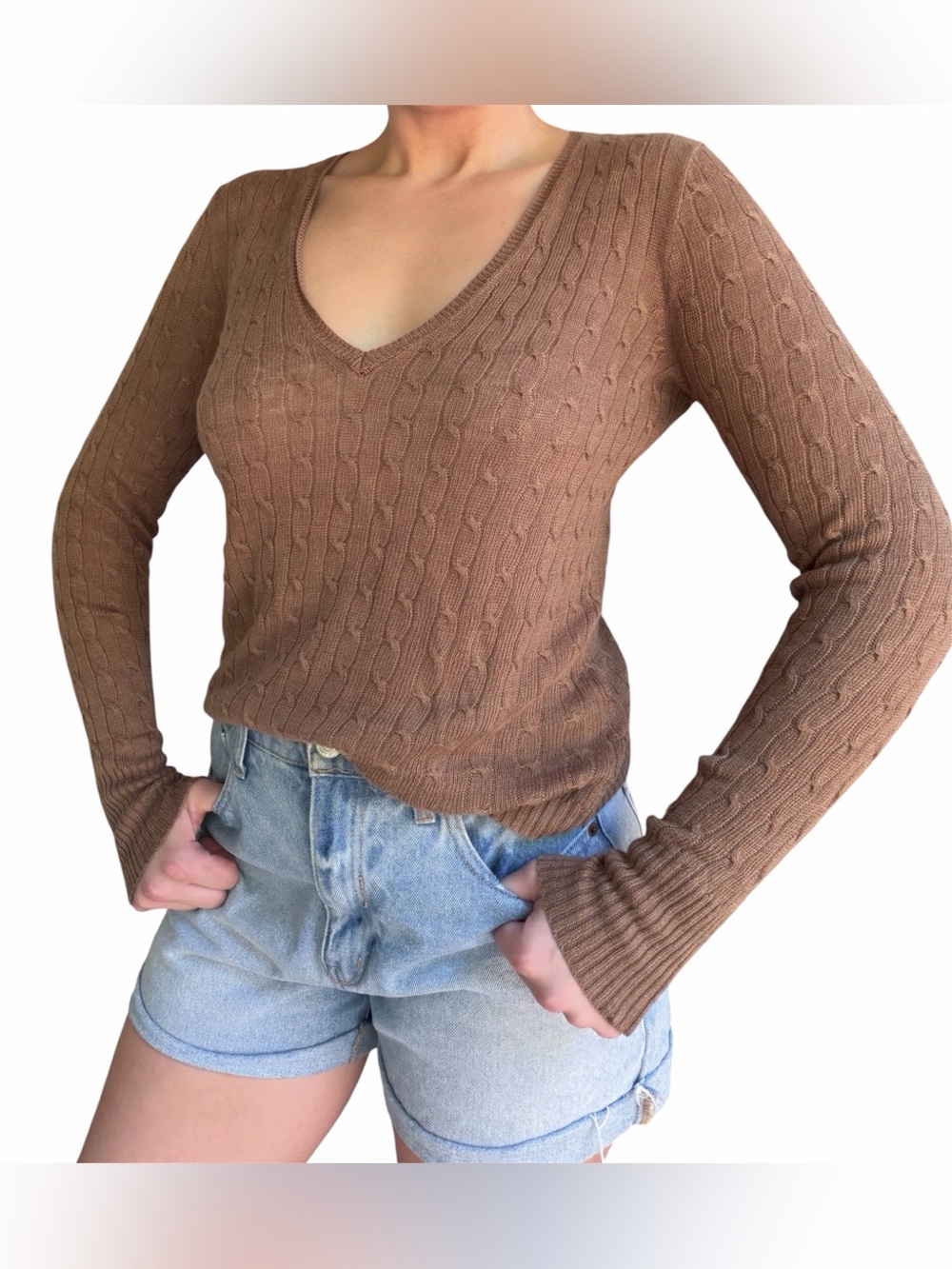 J. Crew Linen Vintage 90s Y2K Cable Knit V Neck Top